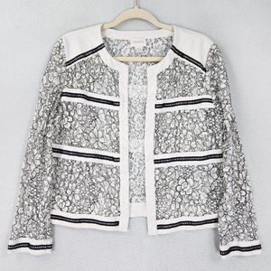 Chicos Cardigan Womens 8 Black White Floral Lace Sheer Open Front Classic Casual